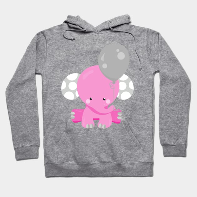 Elephant With Balloon, Pink Elephant, Cute Animal Hoodie by Jelena Dunčević